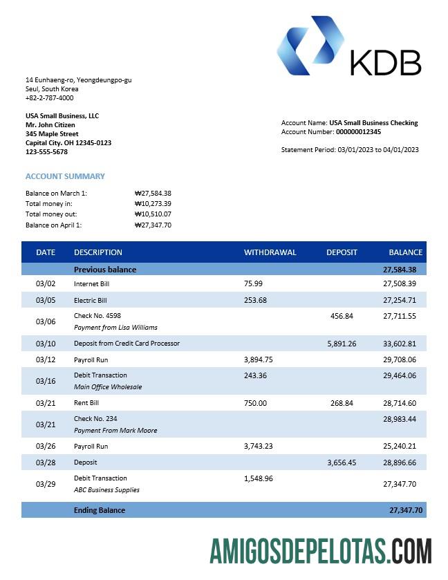 Imprimível KDB Group Bank Firm modelo de extrato de conta Word e PDF